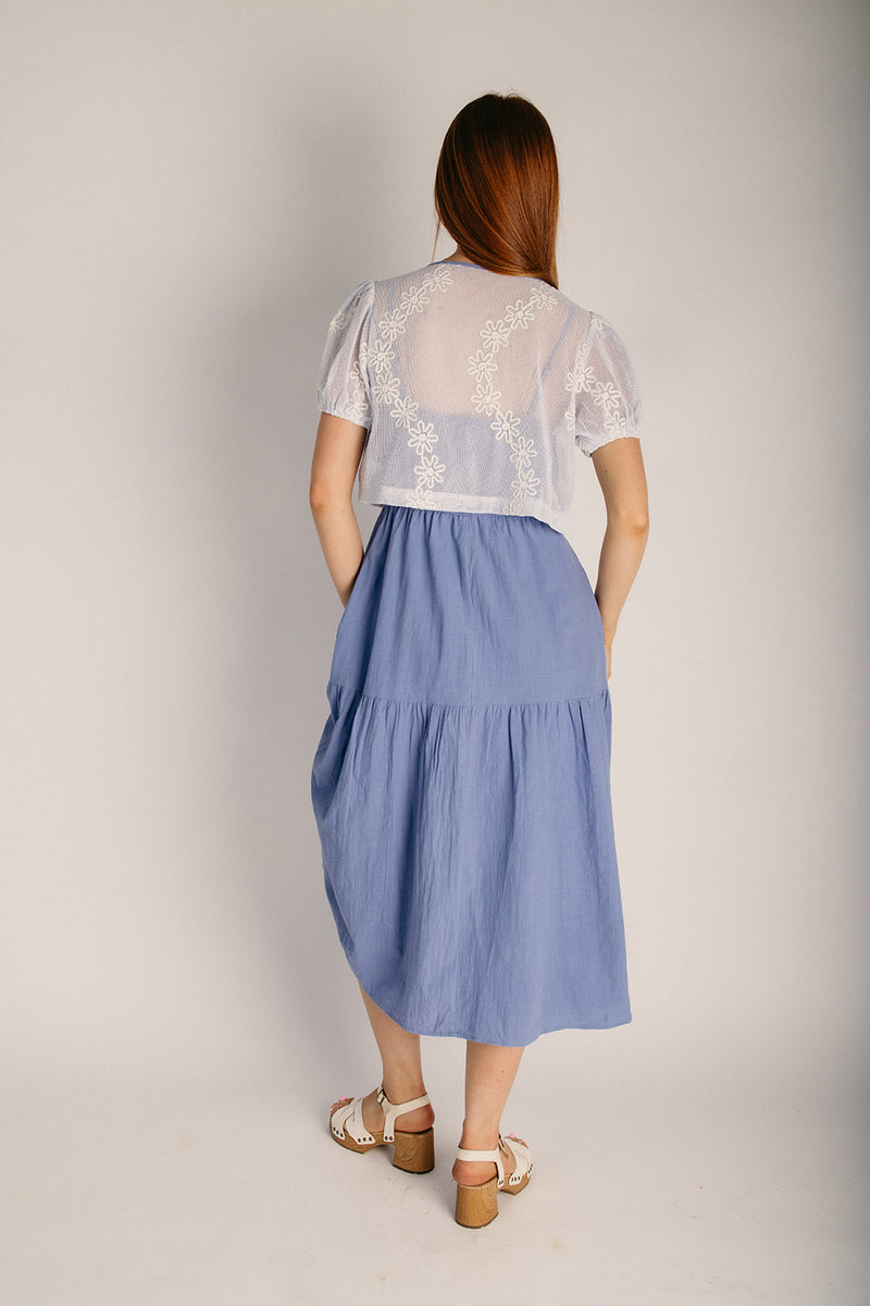 midi dress with cardigan The Edington Crochet Cardigan + Midi Dress Set in Powder Blue Small