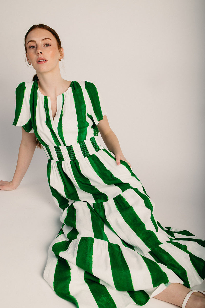 The Pilmar Smocked Waist Maxi Dress in Cream + Green Stripe Piper & Scoot The Pilmar Smocked Waist Maxi Dress in Cream + Green Stripe Piper & Scoot