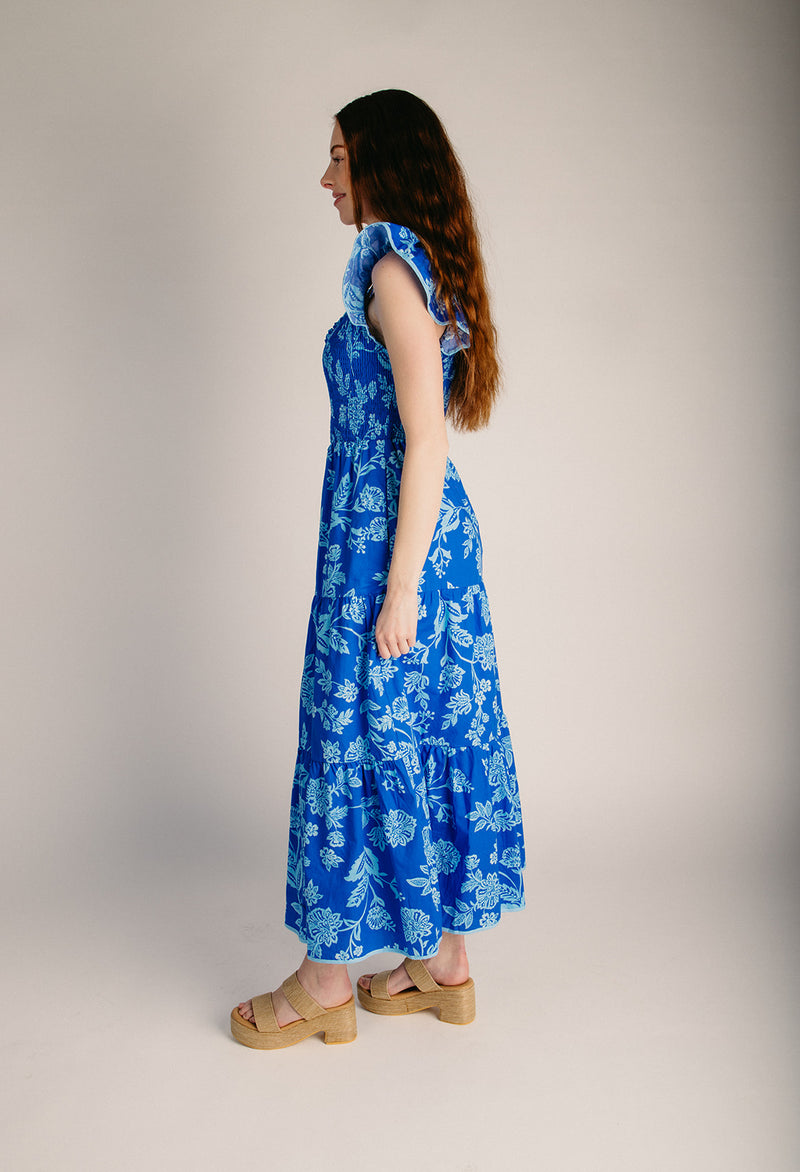The Persa Floral Tiered Midi Dress in Blue – Piper & Scoot