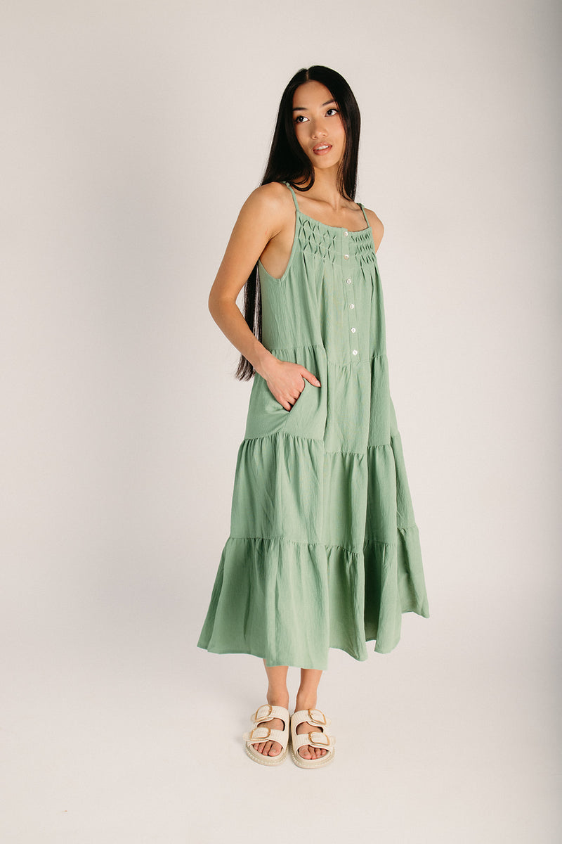 The Balow Tiered Tank Maxi Dress in Sage Mint Medium