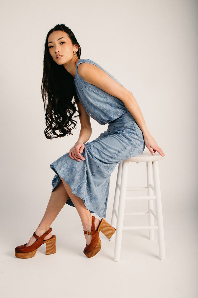 ashley midi dress The Ashley Lace Detail Midi Dress in Blue Large