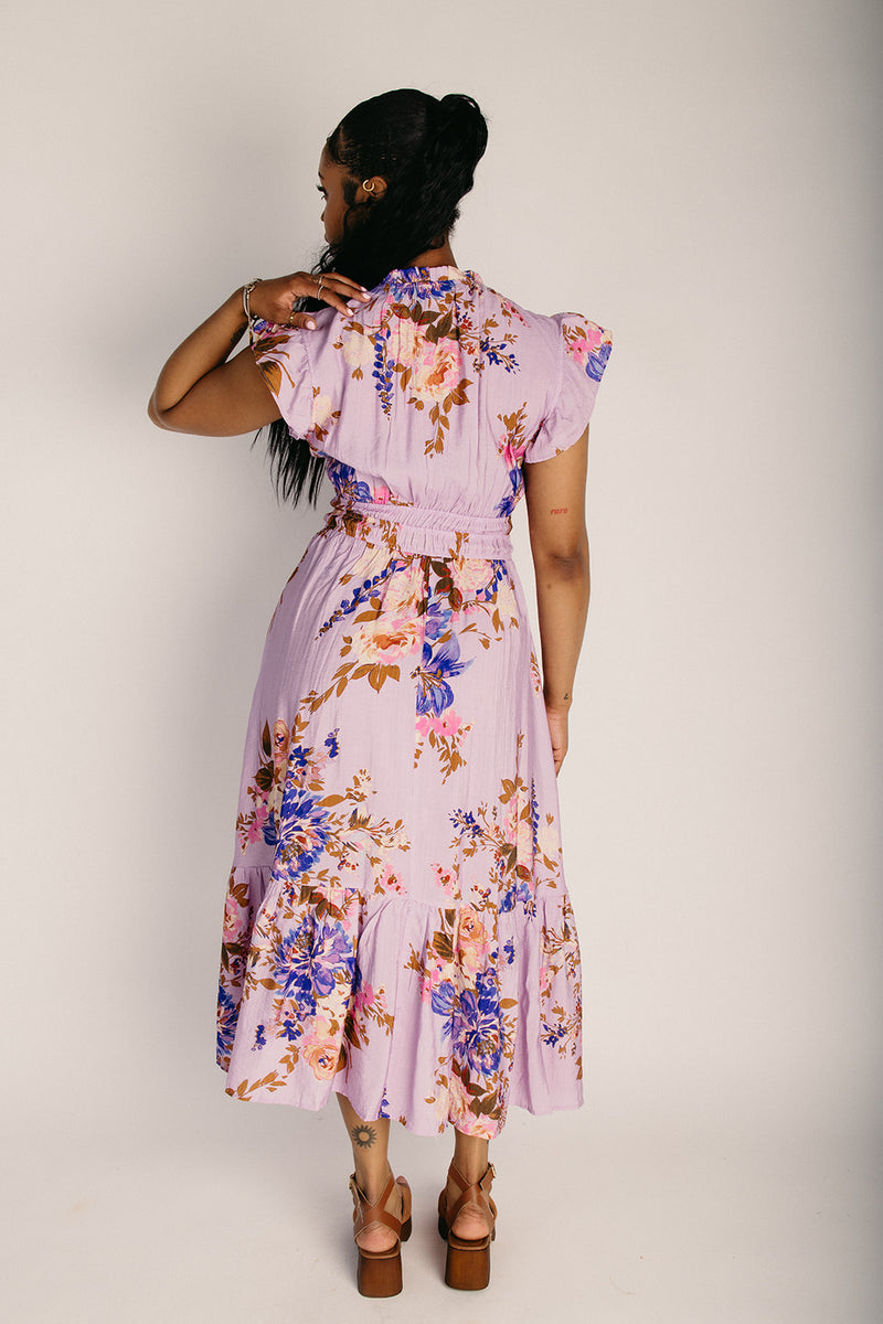 The Hunley Floral Flutter Sleeve Midi Dress in Lavender Multi – Piper &  Scoot