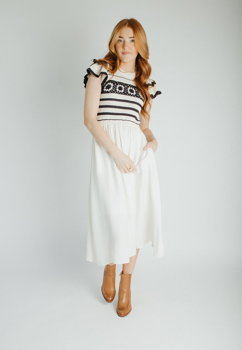 The Blaire Crochet Bodice Midi Dress in Cream Piper & Scoot The Blaire Crochet Bodice Midi Dress in Cream Piper & Scoot