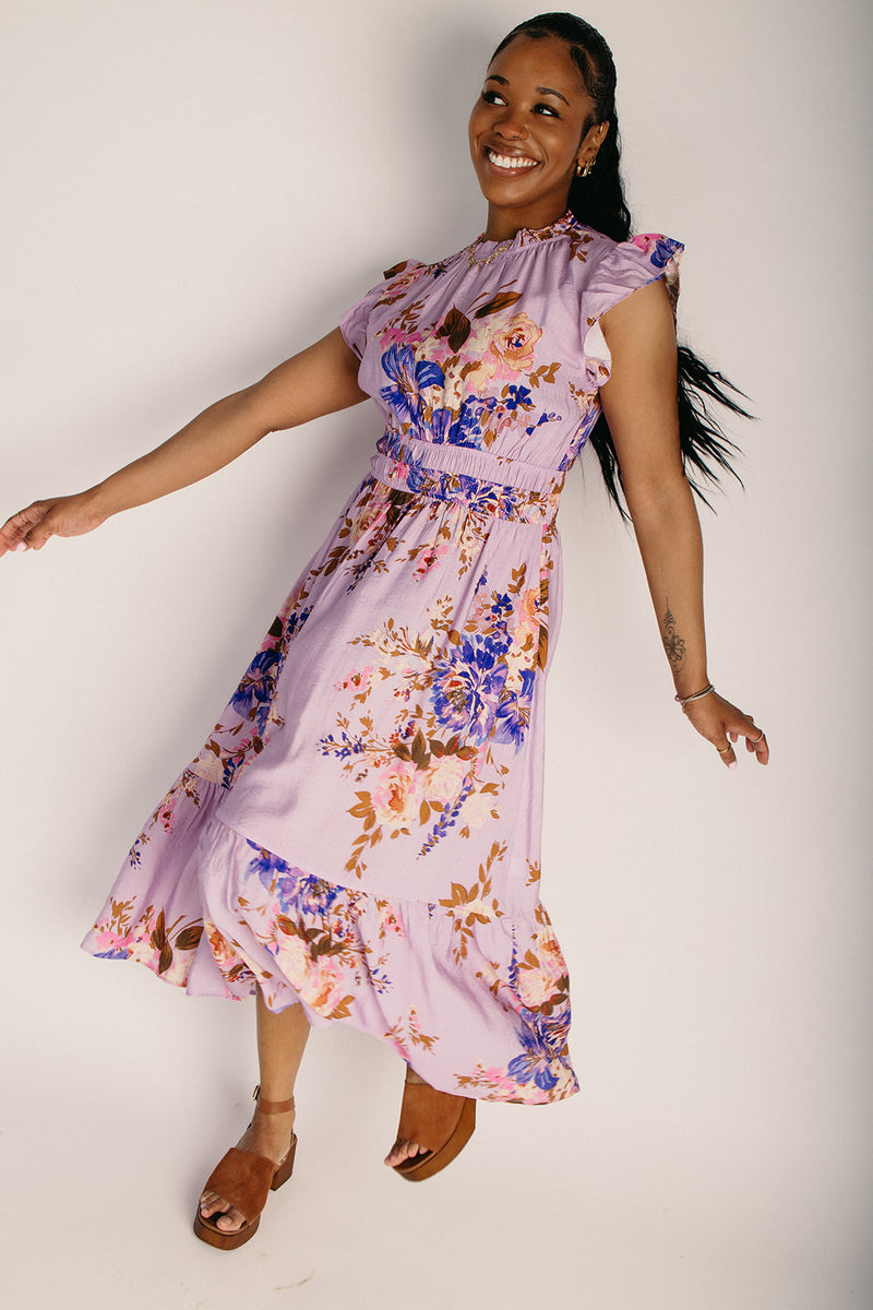 The Hunley Floral Flutter Sleeve Midi Dress in Lavender Multi Large