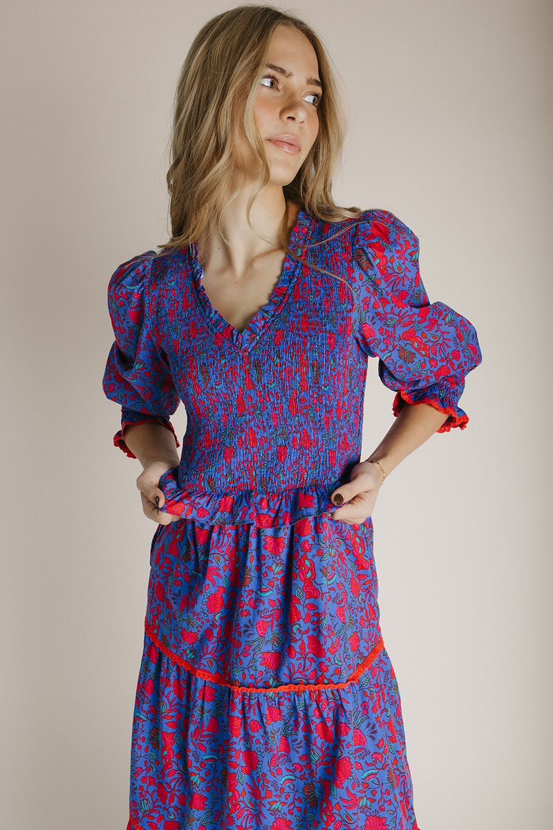 The Snook Smocked Floral Midi Dress in Blue + Fuchsia X-Large The Snook Smocked Floral Midi Dress in Blue + Fuchsia X-Large
