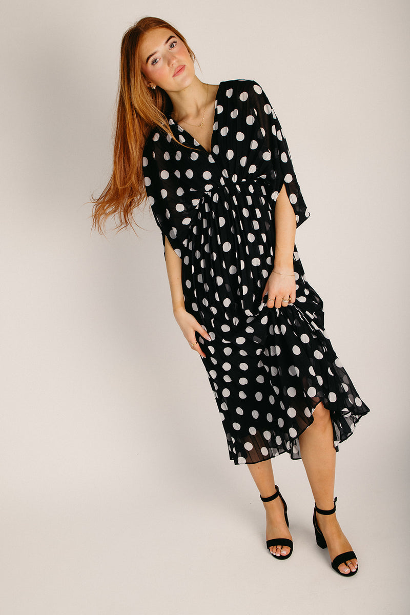 polka dot pleated midi dress The Lindquist Pleated Dot Midi Dress in Black Small
