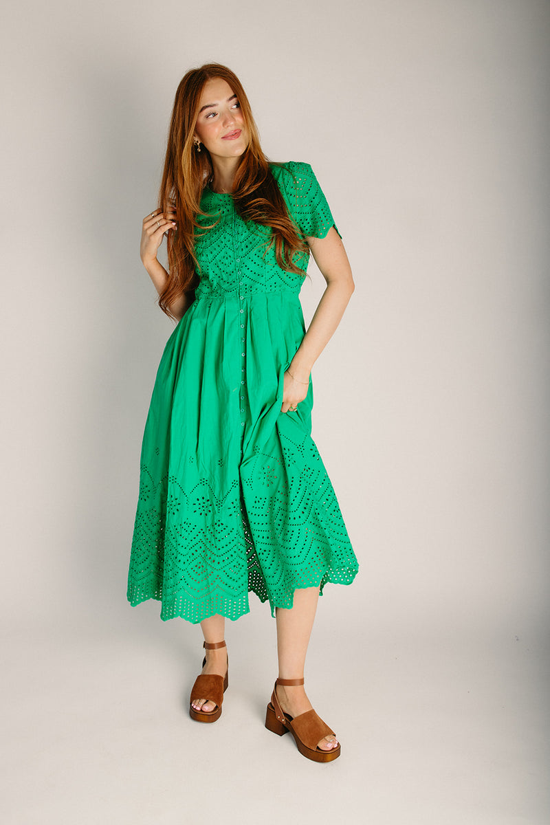 piper and scoot dresses The Wishard Eyelet Button-Up Maxi Dress in Spring Green Small