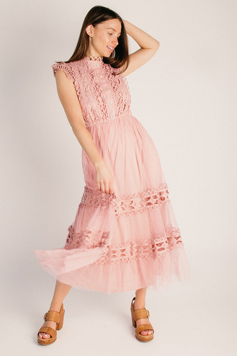 The Jaima Lace Detail Midi Dress in Blush Large
