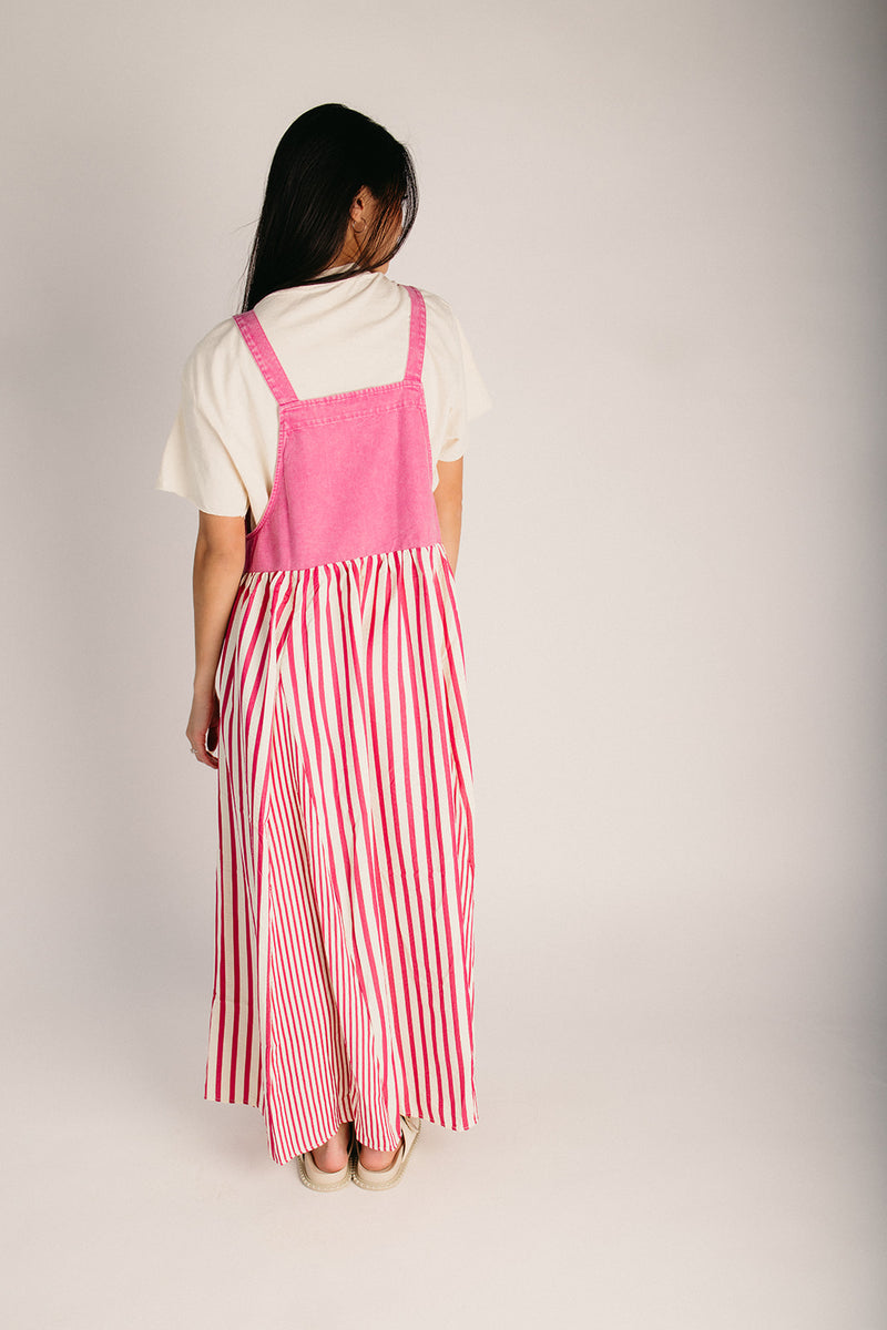 pink jean overall dress The Hellen Denim Overall Dress in Washed Hot Pink