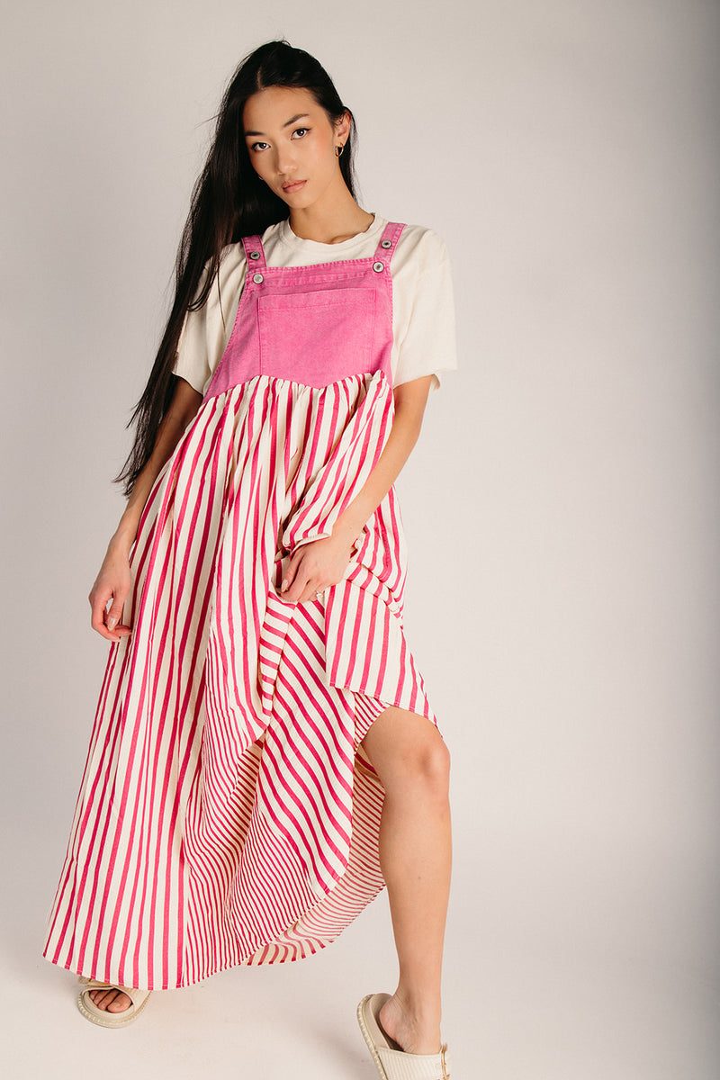 pink denim overall dress Anna-Kaci Distressed Denim Overall Midi Dress - Pink