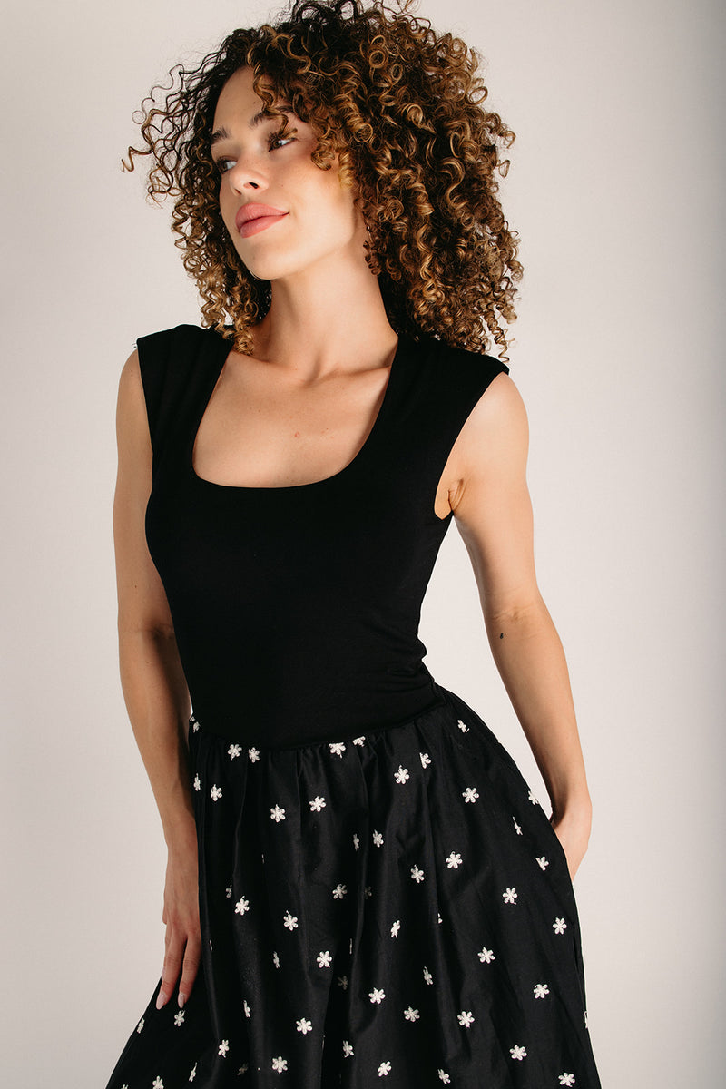 black scoop neck dress The Wiggins Scoop Neck Embroidered Dress in Black Large