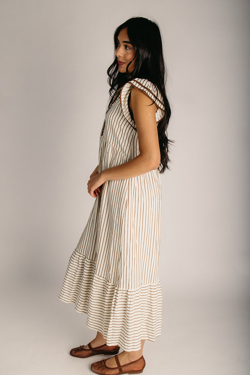 The Newbury Tiered Ruffle Detail Midi Dress in Cream + Cocoa Medium The Newbury Tiered Ruffle Detail Midi Dress in Cream + Cocoa Medium