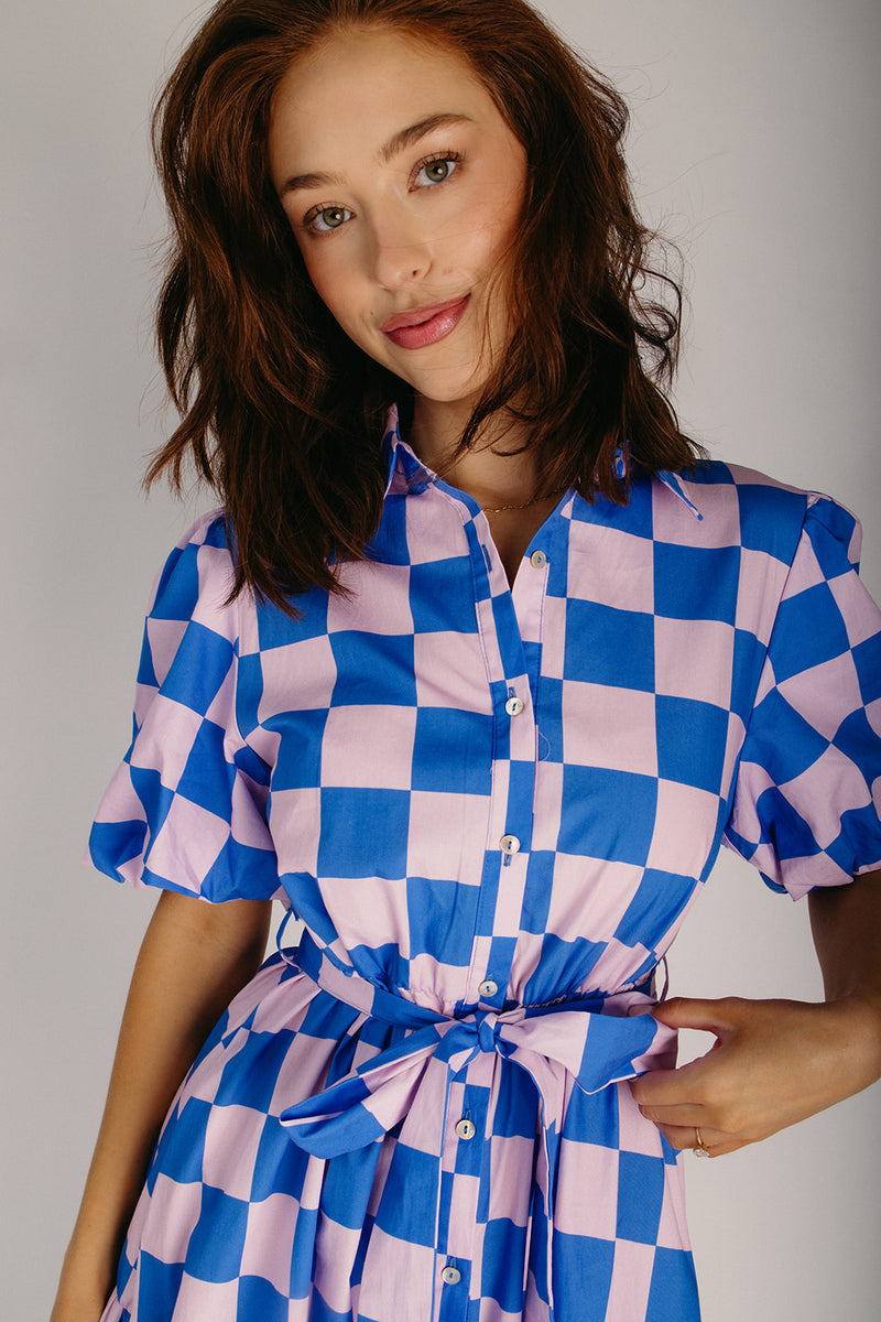 pink and blue dress women The Robison Puff Sleeve Maxi Dress in Blue + Pink Check Large