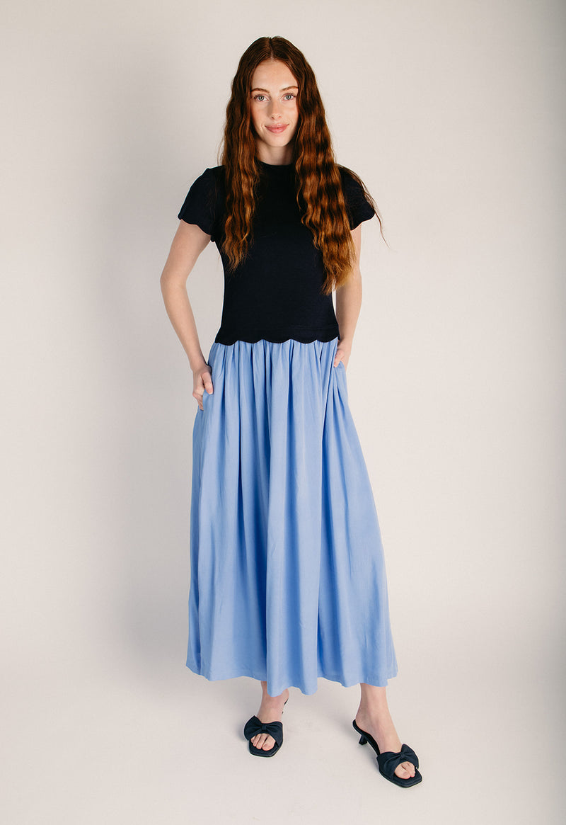 midi dress with top The Marby Scalloped Midi Dress in Navy Small