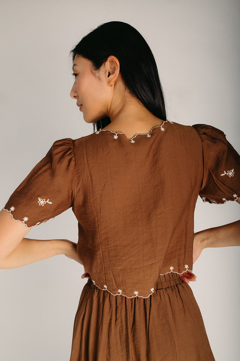 The Walland Bird Embroidered Blouse in Brown
