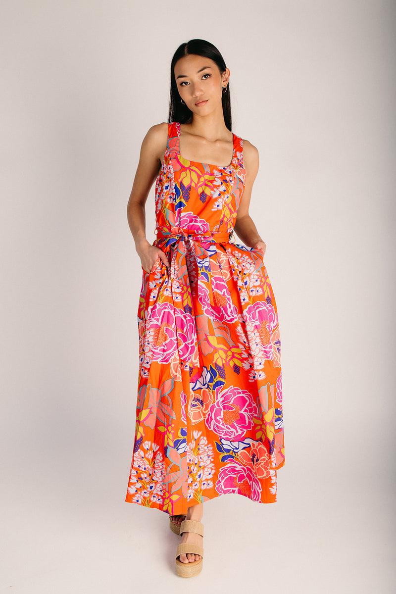 The Rayen Tank Floral Midi Dress in Orange Multi Small