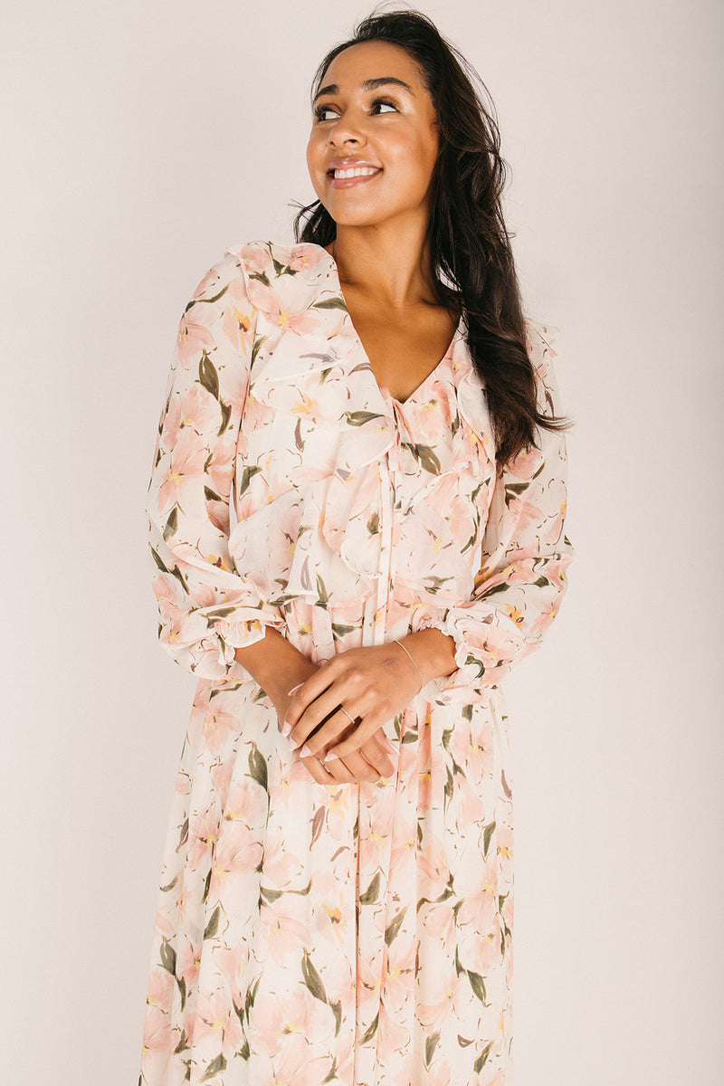 The Yarnish Flowy Ruffle Floral Maxi Dress in Cream Piper & Scoot The Yarnish Flowy Ruffle Floral Maxi Dress in Cream Piper & Scoot