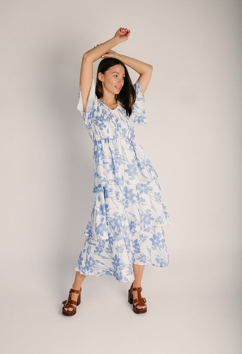smocked blue midi dress V-Neck Balloon Sleeve Smocked Midi Dress, Capri Blue, Medium