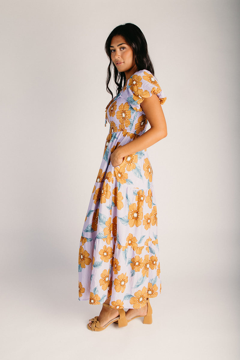 The Bonham Puff Sleeve Midi Dress in Orange + Lilac – Piper & Scoot