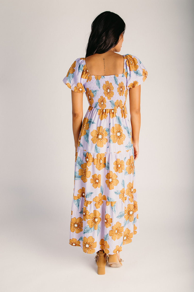 The Bonham Puff Sleeve Midi Dress in Orange + Lilac – Piper & Scoot