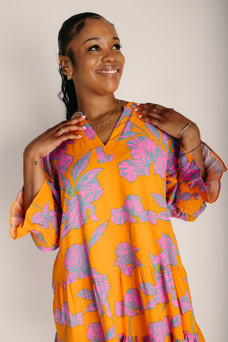The Anamy Shift Floral Dress in Orange + Pink Small