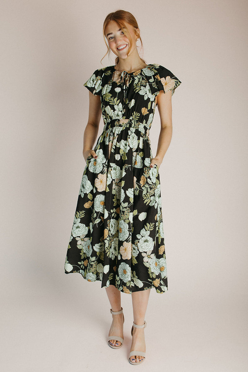 black flower midi dress Black Floral V-Neck Midi Dress for Evening Plans