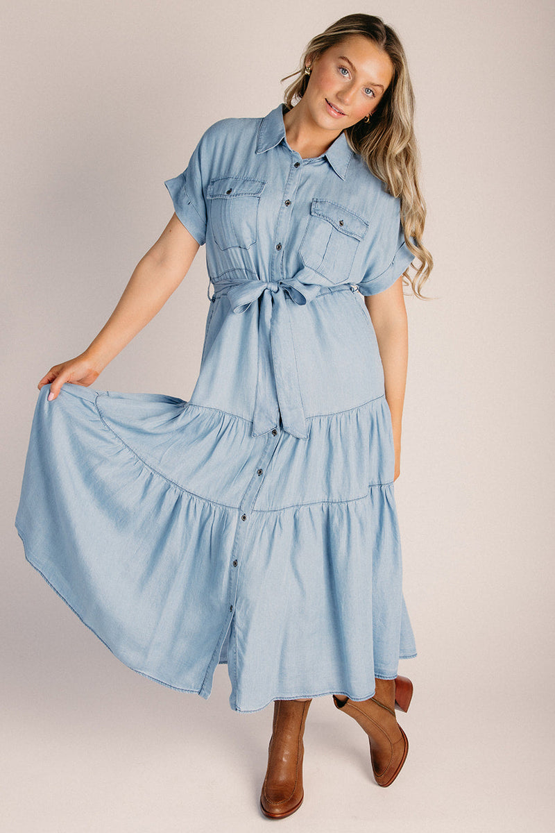 The Baird Chambray Tiered Dress in Light Denim Piper & Scoot The Baird Chambray Tiered Dress in Light Denim Piper & Scoot