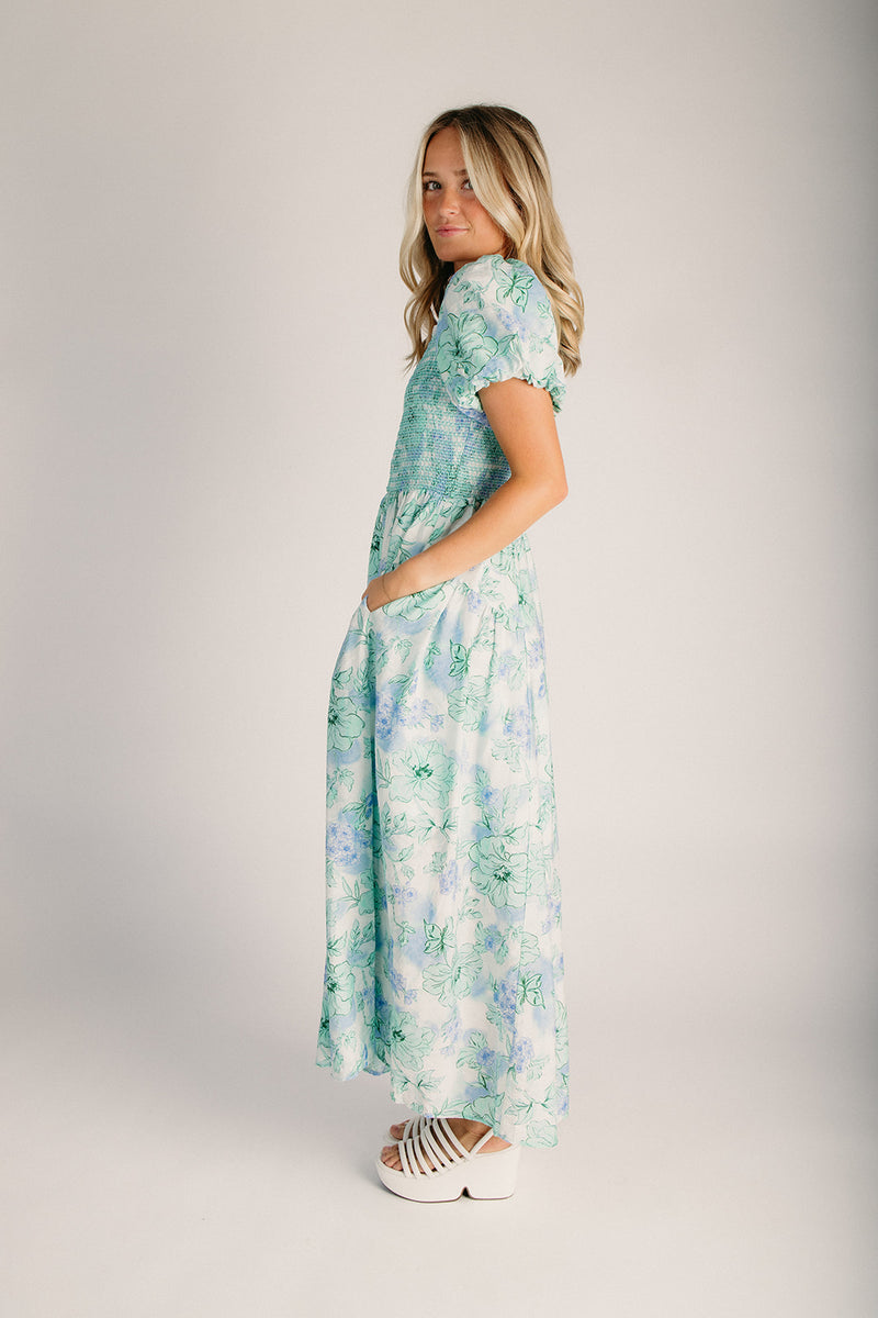 watercolour midi dress The Vossberg Floral Watercolor Midi Dress in Mint Mix Small