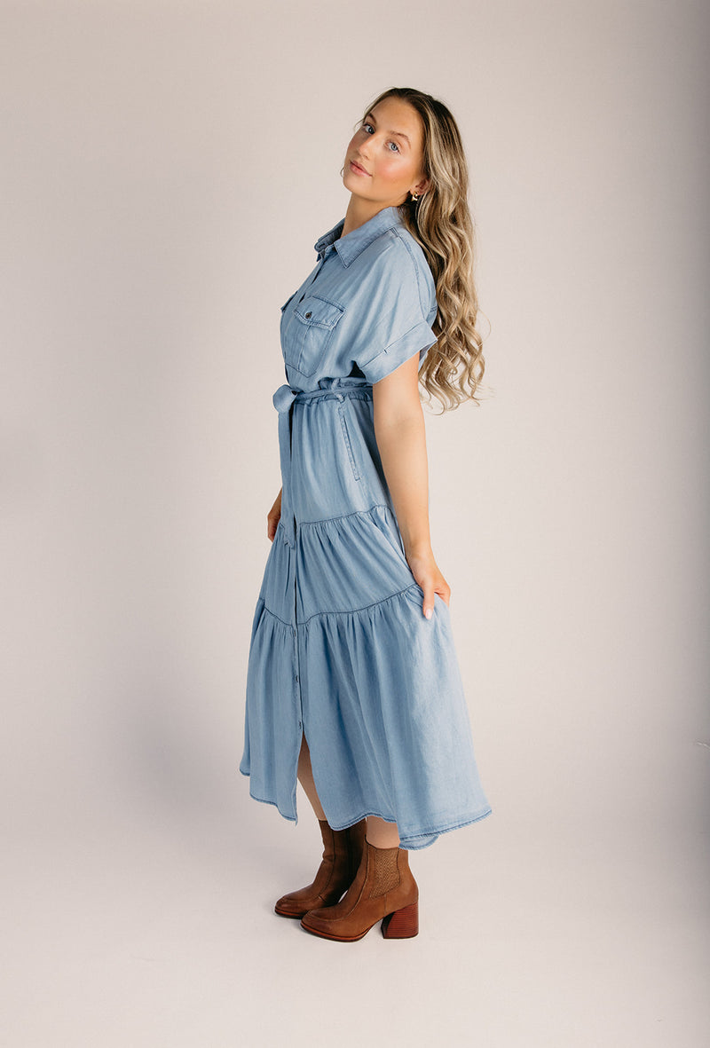 chambray tiered maxi dress The Baird Chambray Tiered Dress in Light Denim Large