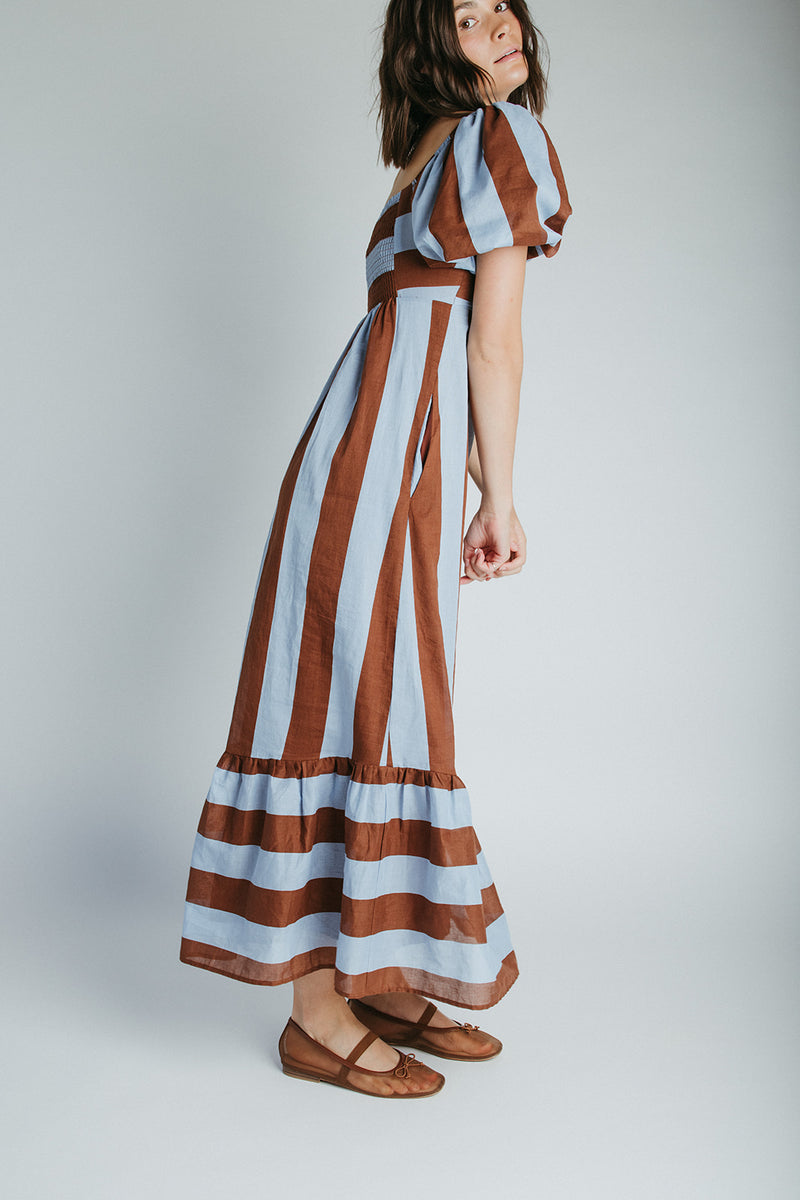 The David Square Neck Striped Dress in Brown + Blue X-Small The David Square Neck Striped Dress in Brown + Blue X-Small