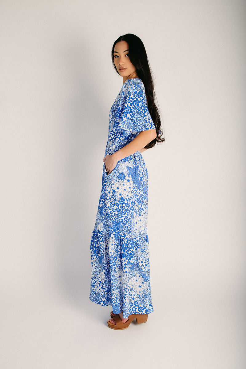 The Pismo Flutter Maxi Dress in White + Blue Multi – Piper & Scoot