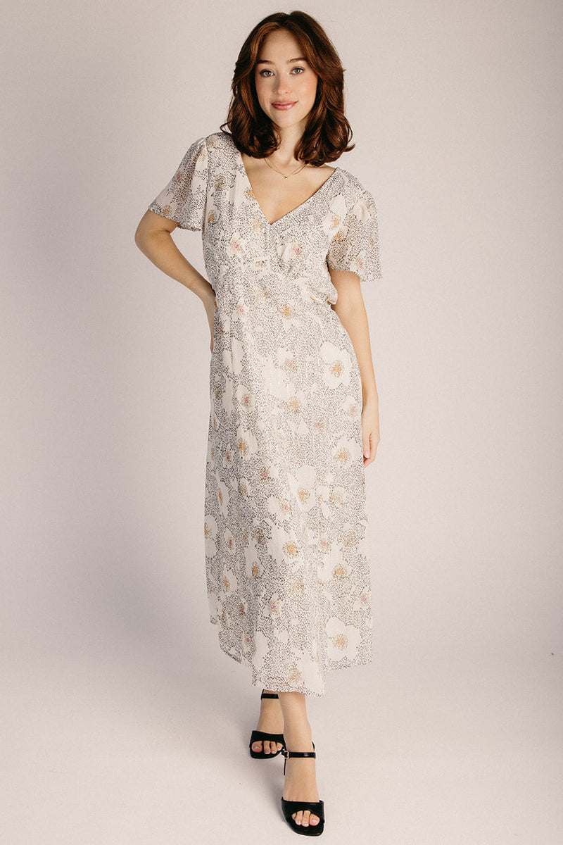 flutter sleeve midi dresses The Sylvania Flutter Sleeve Midi Dress in Natural + Dusty Peach