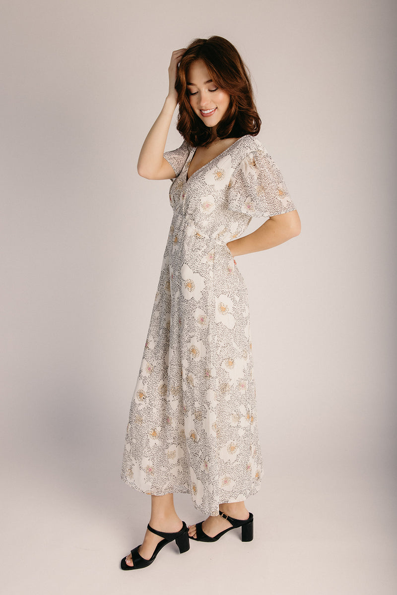 knee length dresses for ladies The Sylvania Flutter Sleeve Midi Dress in Natural + Dusty Peach – Piper &  Scoot