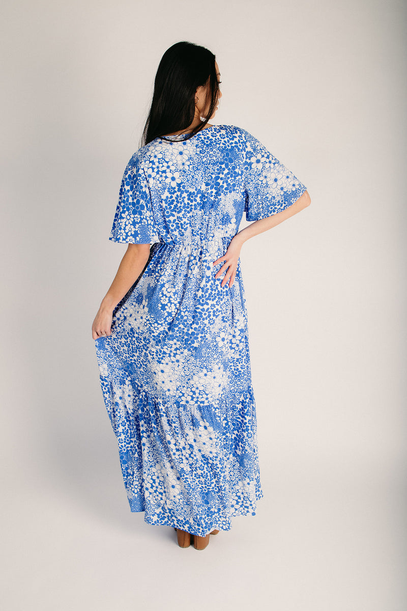 blue multi maxi dress The Pismo Flutter Maxi Dress in White + Blue Multi Small