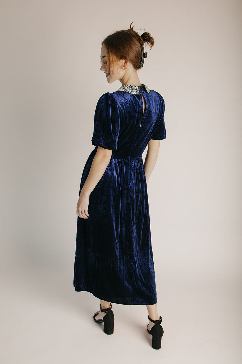 The Francie Rhinestone Velvet Midi Dress in Navy Piper & Scoot The Francie Rhinestone Velvet Midi Dress in Navy Piper & Scoot
