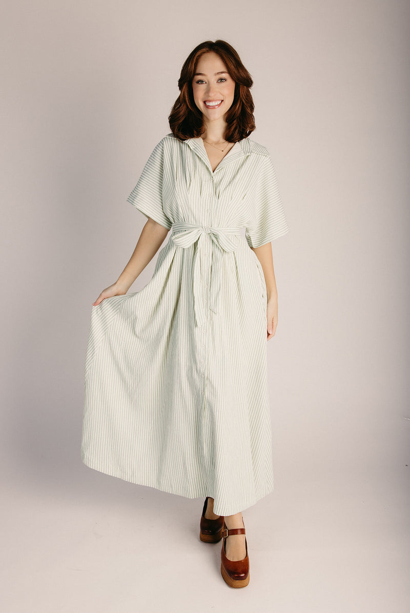 fern midi dress The Nisha Striped Button-Up Midi Dress in Fern Medium