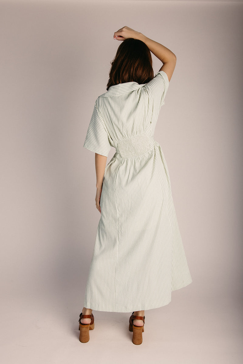 The Nisha Striped Button-Up Midi Dress in Fern Medium