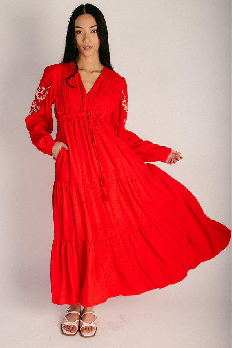 The Tennen Embroidered Maxi Dress in Chili Red Large