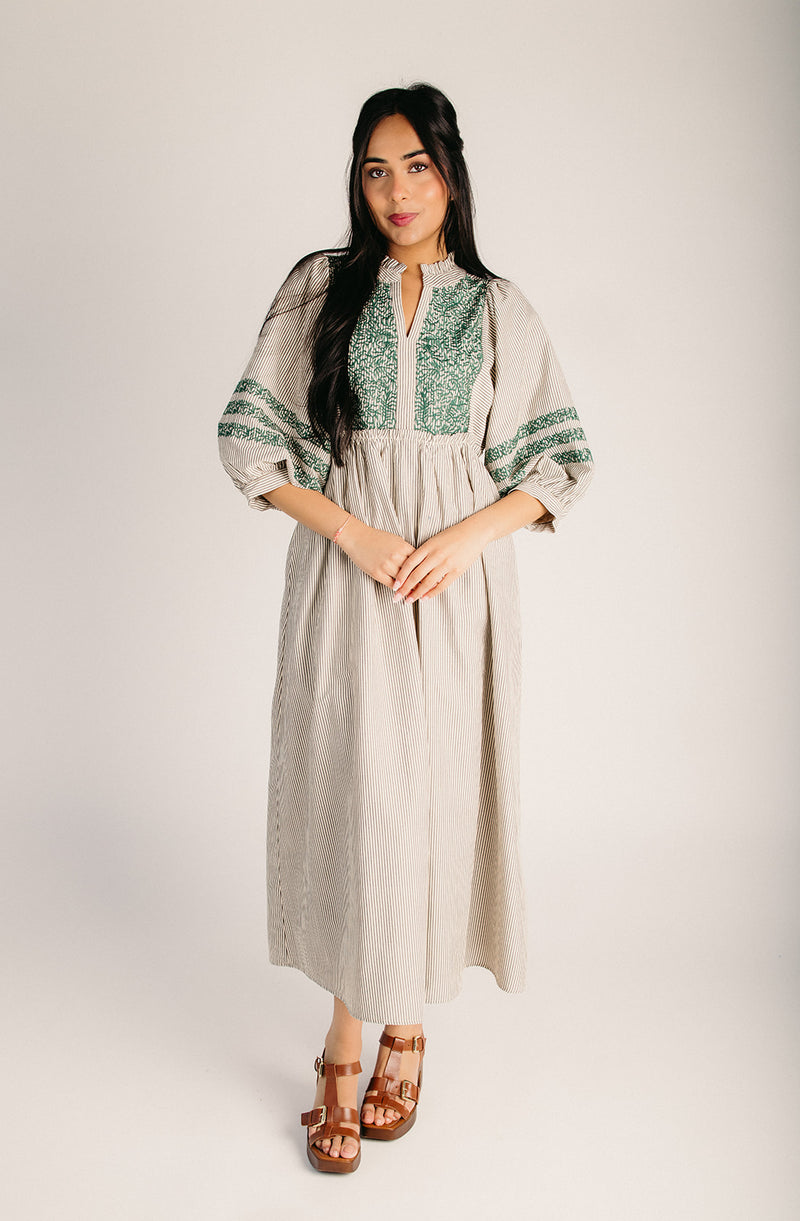 The Huglin Embroidered Detail Midi Dress in Charcoal Piper & Scoot The Huglin Embroidered Detail Midi Dress in Charcoal Piper & Scoot