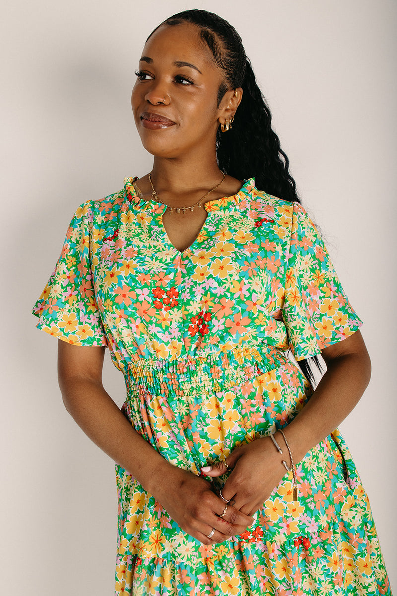 The Channa Smocked Waist Midi Dress in Green Floral – Piper & Scoot