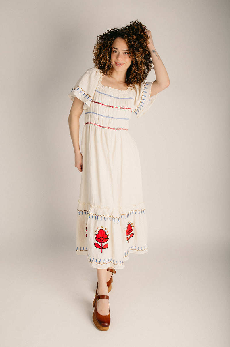The Johnson Embroidered Midi Dress in Natural – Piper & Scoot
