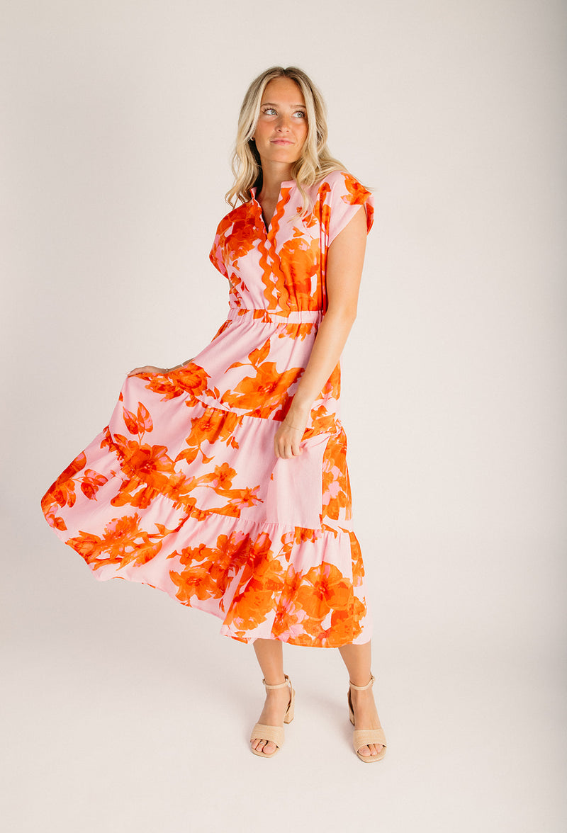 ruffle floral midi dress Sleeve  Zadie B's Fashions calf length Floral Ruffle Pleated Midi Dress