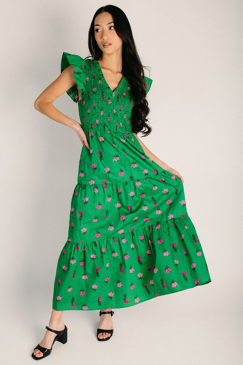 The Vivy Floral Tiered Midi Dress in Kelly Green + Pink Piper & Scoot The Vivy Floral Tiered Midi Dress in Kelly Green + Pink Piper & Scoot