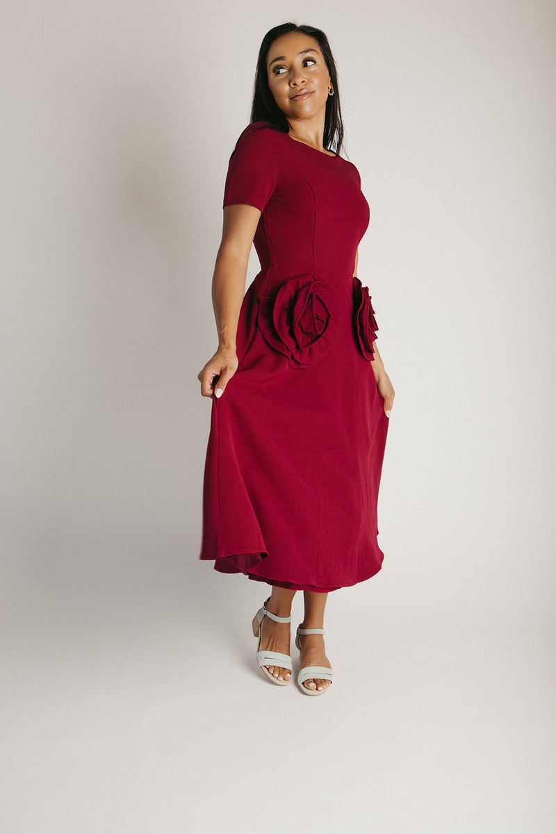 The Debbie Rose Applique Midi Dress in Burgundy Medium The Debbie Rose Applique Midi Dress in Burgundy Medium
