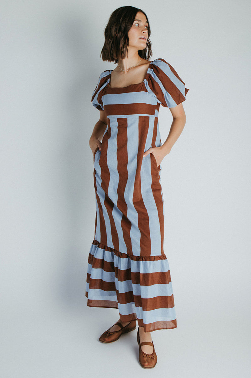 The David Square Neck Striped Dress in Brown + Blue The David Square Neck Striped Dress in Brown + Blue