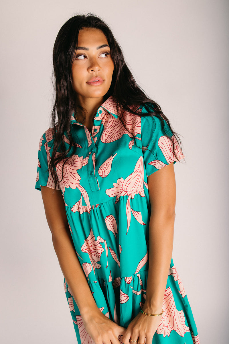 pink and green dress women The Lexington Floral Button-Up Dress in Green + Pink Small