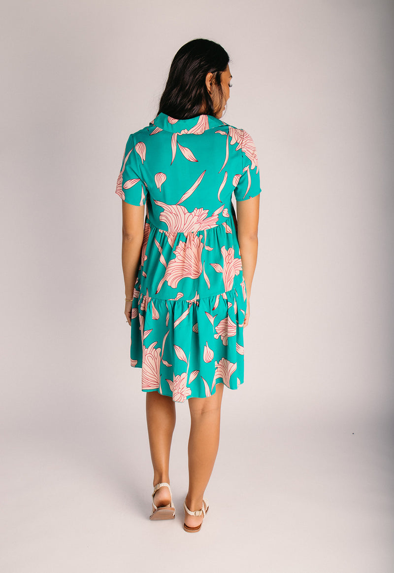 The Lexington Floral Button-Up Dress in Green + Pink Small