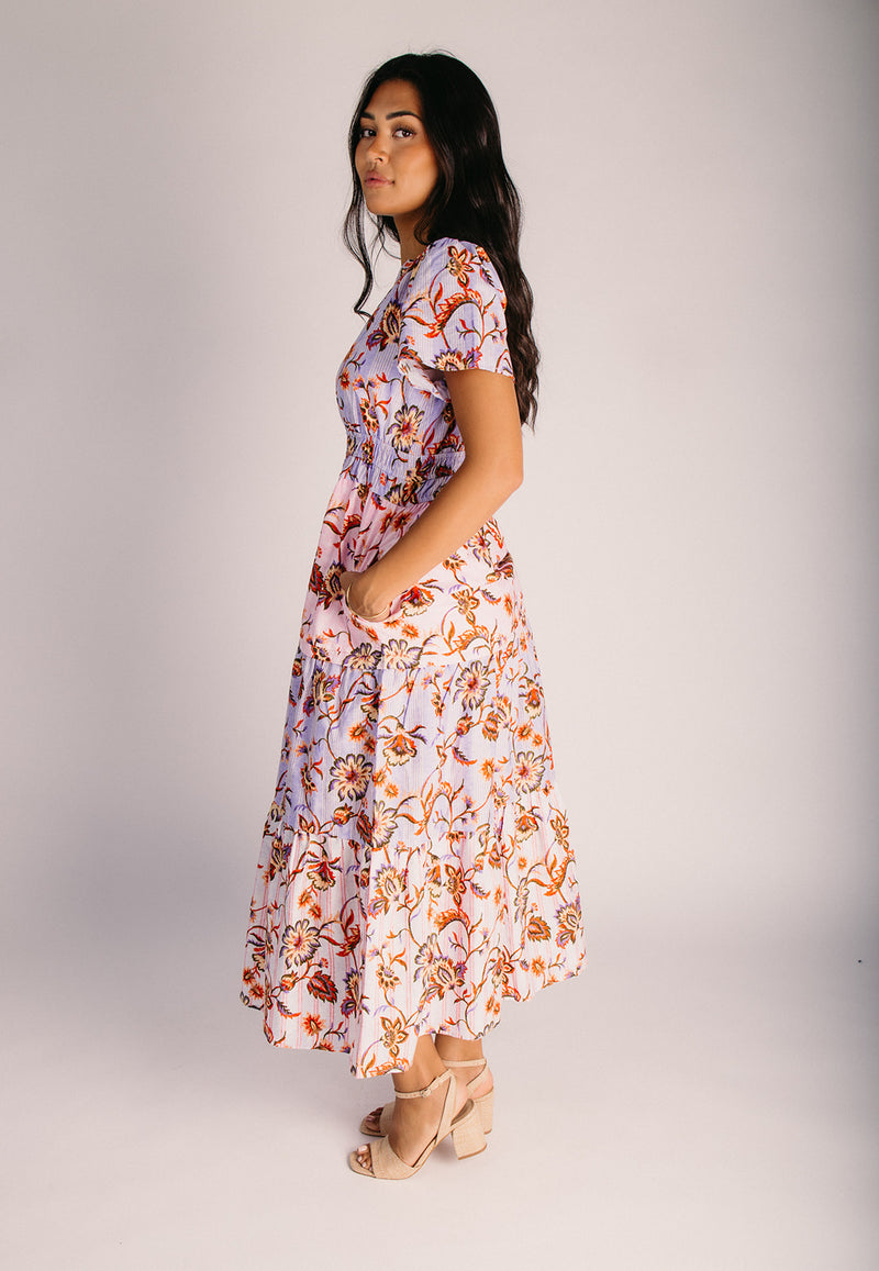 paisley dress women The Lunsford Tiered Paisley Midi Dress in Lavender Multi Medium