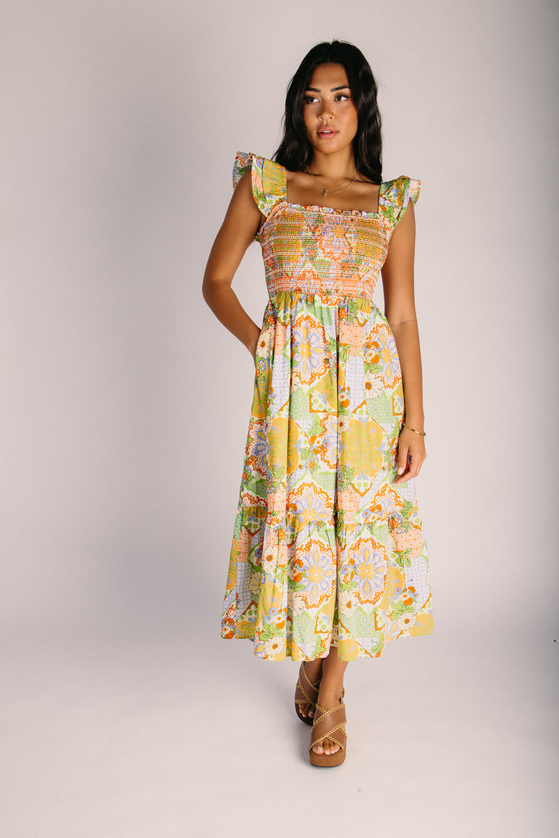 The Clawson Smocked Bodice Midi Dress in Sage Floral Medium