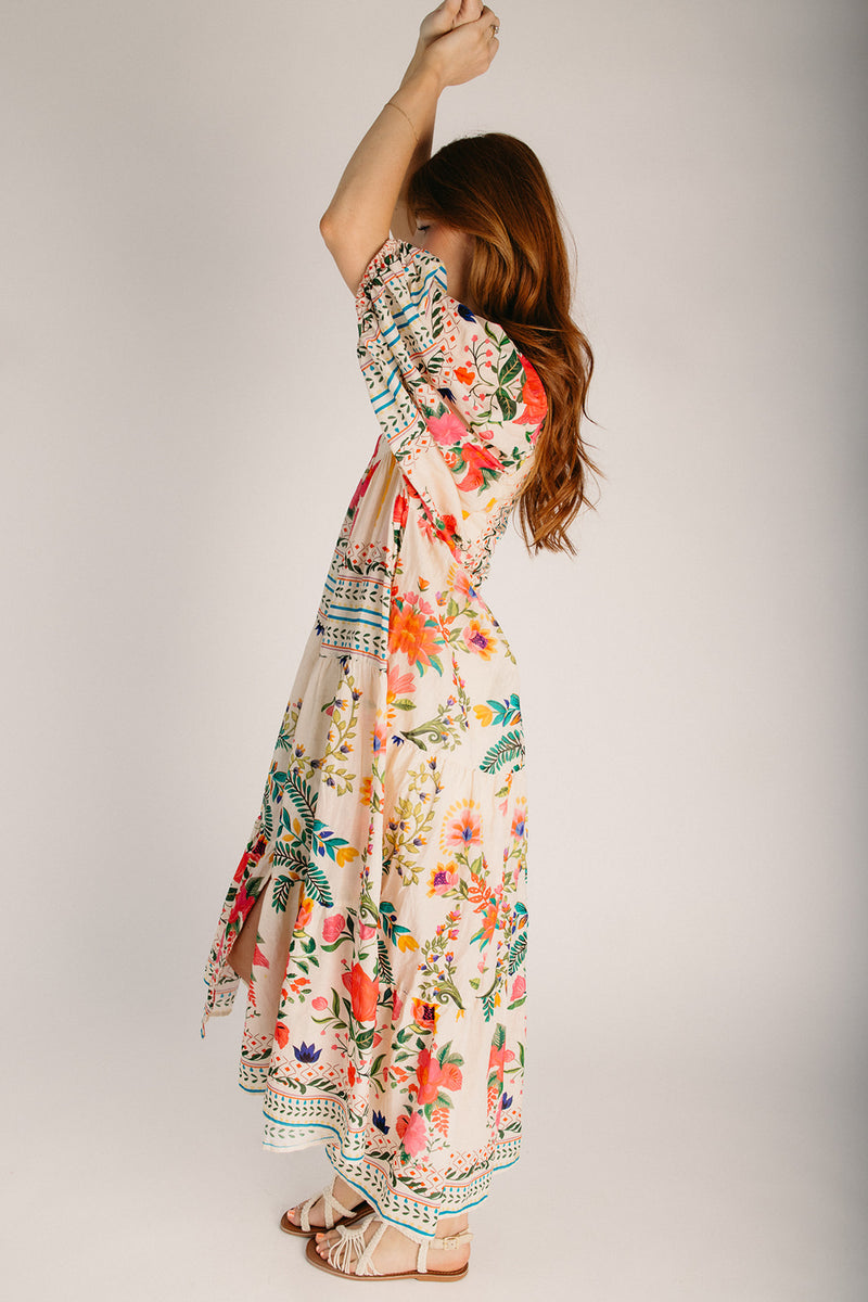 maxi dress floral long sleeve The Sorano Floral Button-Up Maxi Dress in Natural Multi (SHIPS MID JULY) M/L